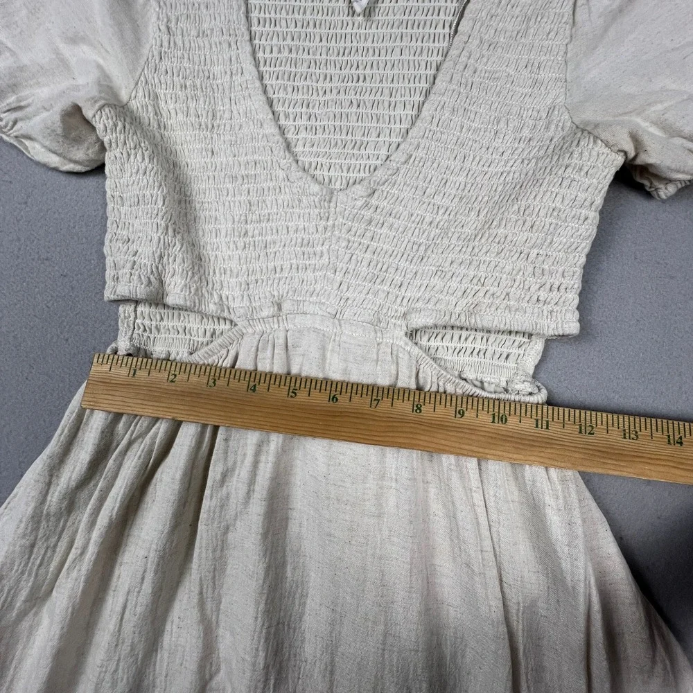 Spektor Jeans Dress Womens Small Oatmeal Linen Blend‎ Smocked Cut-Out Boho Mini